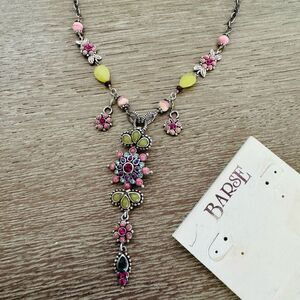 Barse 925 Silver Crystal Pink Green Spring Floral Cascading Necklace